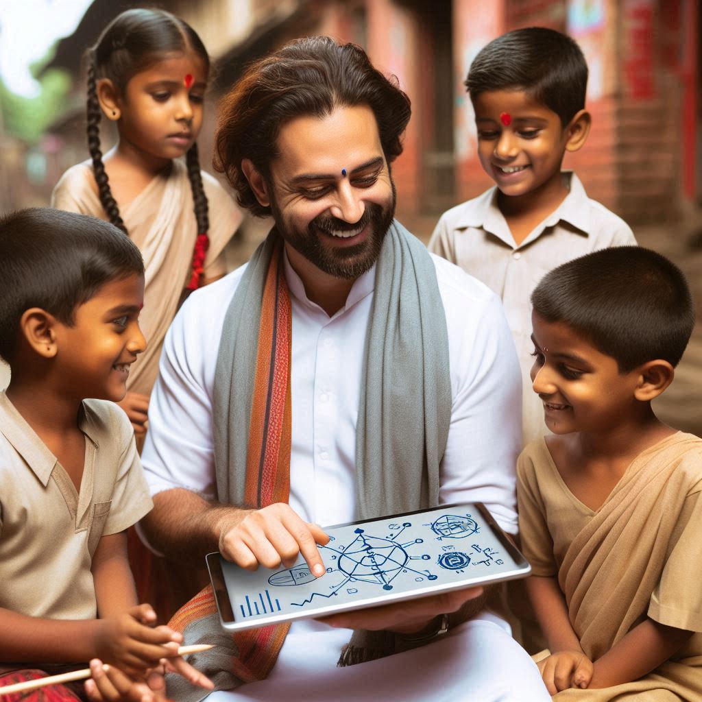 Indian man playing wth technology and maths and economics teaching poor children, with compassionate science with values and traditions