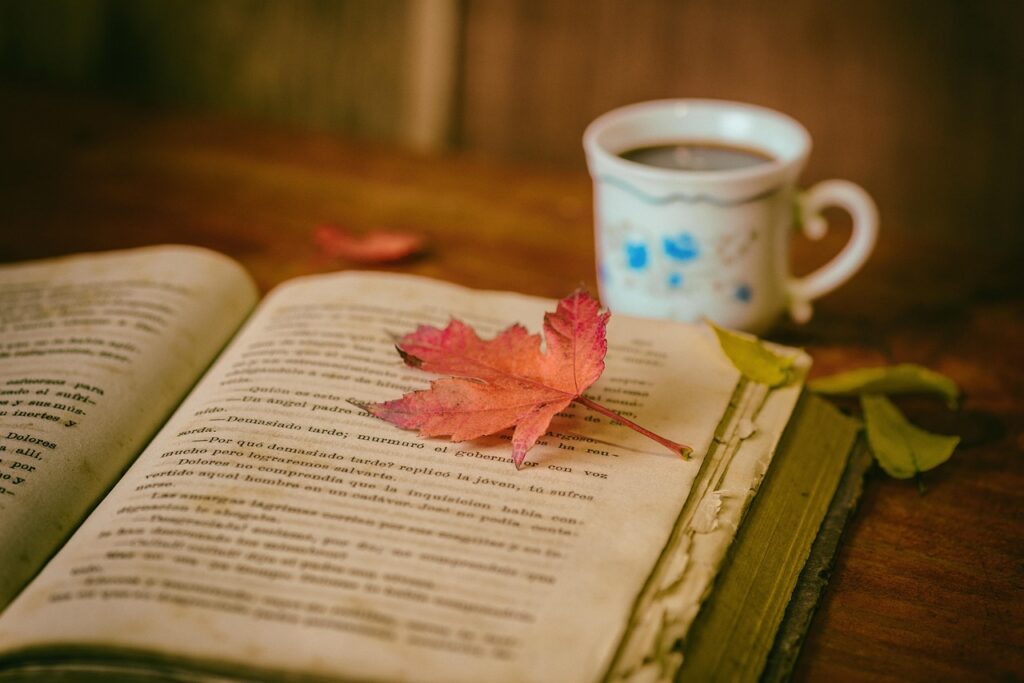 leaves, coffee, cup, still life, book, nature, reading, leisure, hobby, read, open book, coffee cup, bookworm