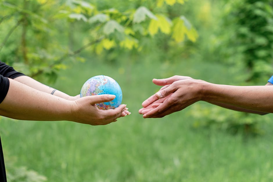 Two hands exchanging a small globe symbolizing global unity and ecology awareness.